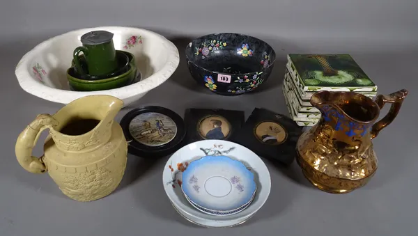 Ceramics, comprising; a Spode Copeland bowl, a group of ten Art Nouveau green tiles, a quantity of plates and sundry, (qty).  S2T