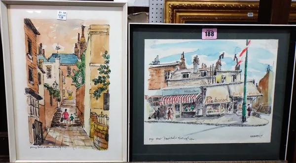 Arrabus (20th century), High Street, Hampstead - Festival year; Holly Bush Steps, two, pen, ink and watercolour, both signed and inscribed, the larger