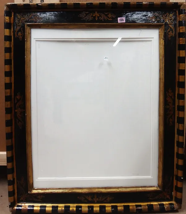 A black painted and gilt decorated frame, aperture 74cm x 59cm.  A6