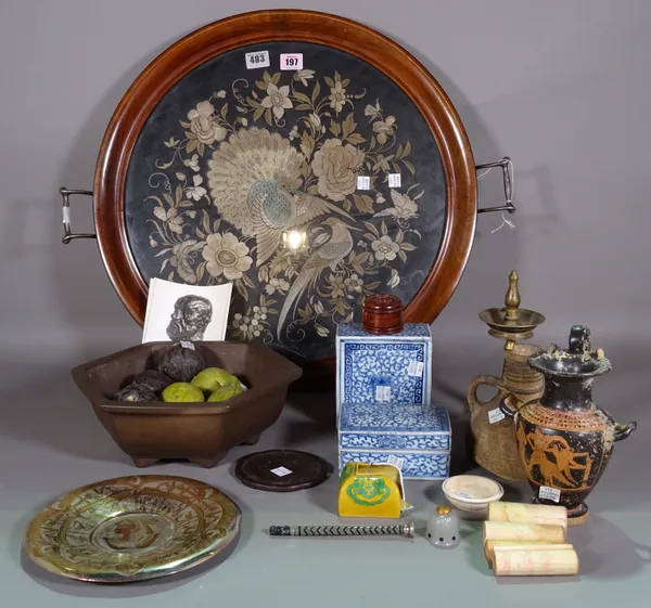 Asian collectables, including; Chinese tapestry inset in a circular wooden tray, a blue and white ceramic tea caddy and box, metal plate pottery items