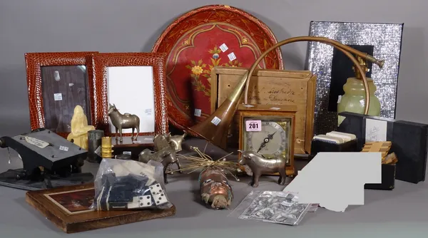 Collectables, including; Eastern metal animals, copper horn, mantel clock, table lamp, modern icon and sundry decorative items, (qty).  S4M    1362, 1