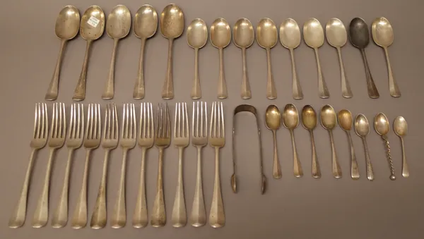 Silver rat tail pattern table flatware, comprising; five tablespoons, eleven table forks, nine dessert spoons and four teaspoons, various dates, a pai