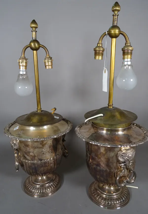 A pair of silver plated urn shaped wine coolers converted to table lamps, (2)     1378ROST