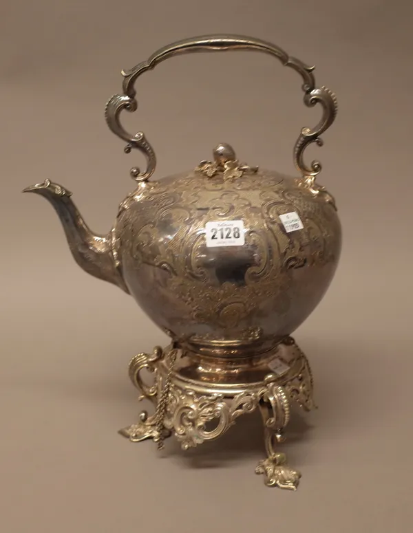 A Victorian silver plated spirit kettle, stand and burner, the large kettle with an artichoke finial to the hinged lid, scrolling handle and with scro