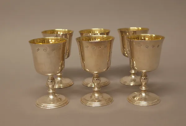 Six similar silver goblets, the bowls gilt within, the turned stems raised on circular feet, height 12cm, three are London 1972 and three are London 1