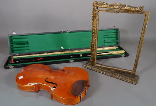 A large green velvet box, a cased pool cue, a fabric violin case, a faux tortoiseshell part dressing table and sundry, (qty).  BAY3   943, 1352, 1467,