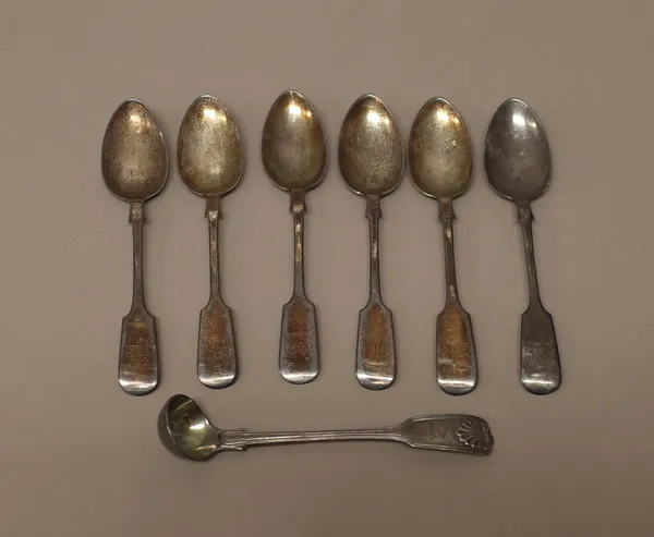 A set of six Victorian silver fiddle pattern teaspoons, Exeter 1877 and a Victorian silver double struck, fiddle and shell pattern mustard ladle, Lond