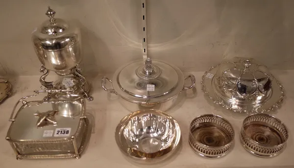 A group of plated wares, comprising; a lidded sardine dish, having a swingover handle and a drop-in faceted glass liner, a lidded twin handled circula