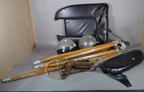Collectables, including; a large surveyor's tripod, light fittings, leather seat cushion, boxes and sundry, (qty).   BAY 1      249, 1694, 1466,  227,