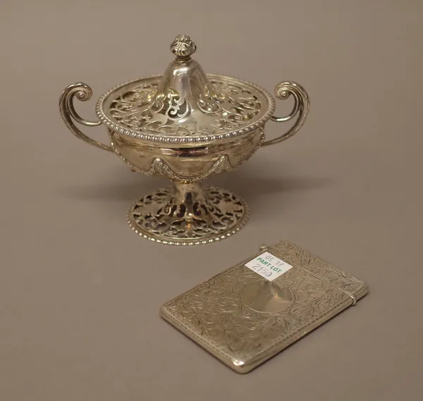 Silver, comprising; a twin handled pot pouri bowl and cover, with pierced decoration to the foot and to the cover, otherwise decorated with pendant sw