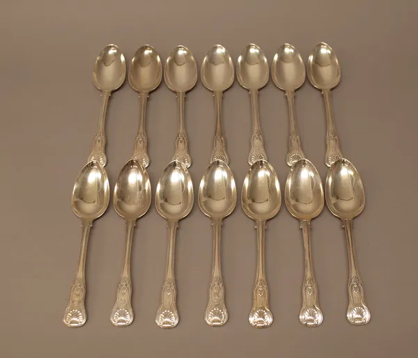 Fourteen silver double struck King's pattern tablespoons, comprising; two London 1820, six London 1826, six London 1846, all engraved with the initial