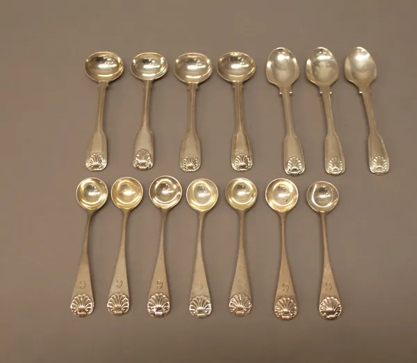 Silver flatware, comprising, three double struck, fiddle, thread and shell pattern salt spoons, London 1852, three double struck, fiddle, thread and s