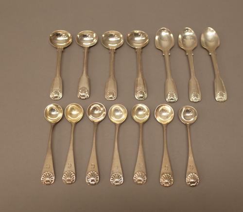 Silver flatware, comprising, three double struck, fiddle, thread and shell pattern salt spoons, London 1852, three double struck, fiddle, thread and s