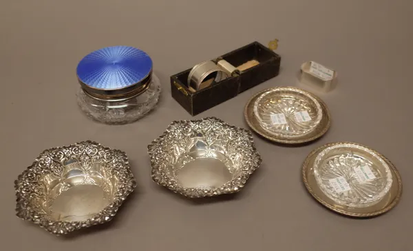 Silver and silver mounted wares, comprising; a pair of late Victorian shaped octagonal bonbon dishes, with floral and scroll embossed decoration, Shef