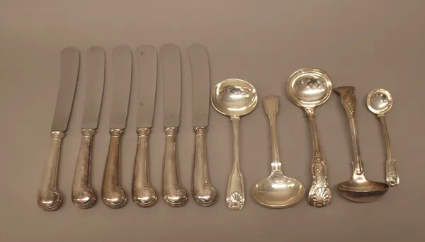 A pair of silver double struck, fiddle, thread and shell pattern sauce ladles, London 1836, a silver double struck, fiddle, thread and shell pattern c