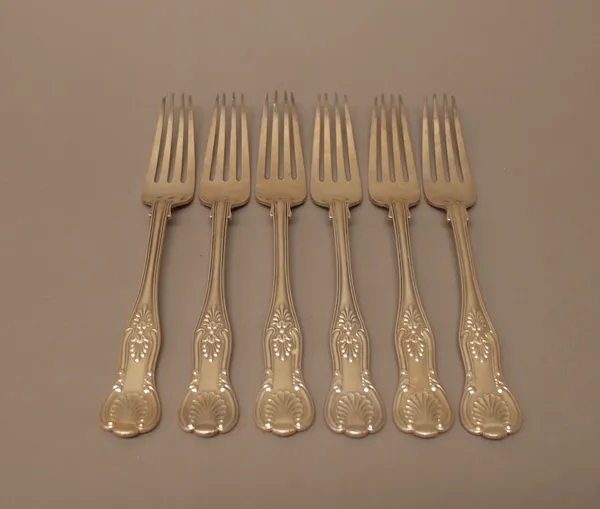 Six Victorian silver double struck King's pattern table forks, each crest engraved, comprising; one London 1858, five London 1859, combined weight 595