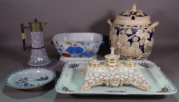 Ceramics, including; ironstone tureen, lacking lid, creamware ink stand, Asian blue and white plates, German pottery terrain, lilac glass jug and sund