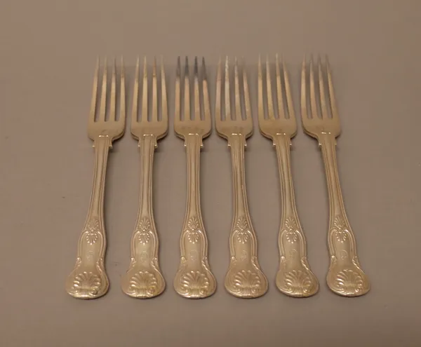 A set of six silver double struck King's pattern dessert forks, London 1927, weight 392 gms, (6).