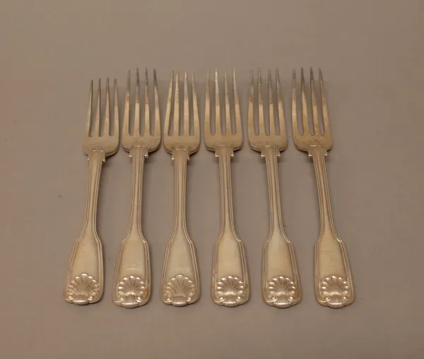 Six Victorian silver double struck fiddle, thread and shell pattern dessert forks, comprising; London, one 1839, one 1841 and four 1842, combined weig