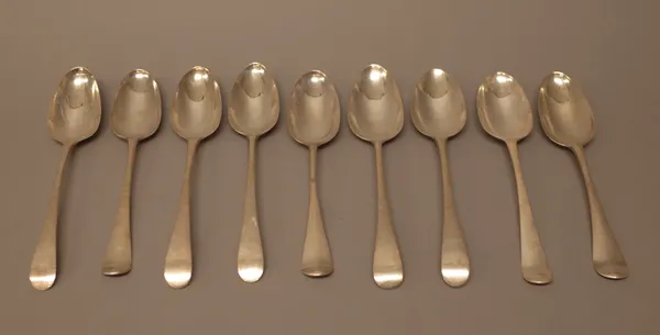 Silver table flatware, comprising; seven bottom marked Hanoverian pattern tablespoons and two further Hanoverian pattern tablespoons, London 1790 and