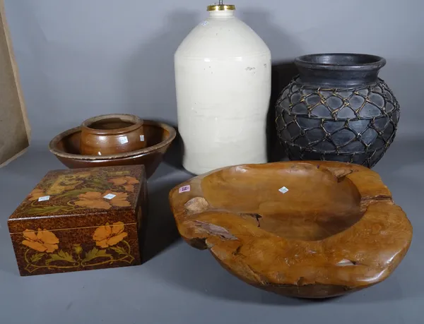 Decorative objects including; a naturalistic wooden bowl, large pottery vase, penwork box and sundry, (qty).  S2B  1553, 1007, 785, 985, 1367, 1701