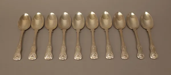 Silver table flatware, comprising; seven Victorian King's pattern dessert spoons, London 1845 and three George III King's pattern dessert spoons, Lond