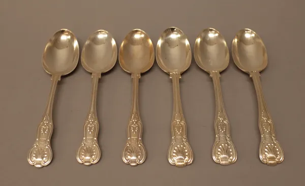 Silver table flatware, comprising; three Victorian King's pattern dessert spoons, London 1865 and three Victorian King's pattern dessert spoons, Londo