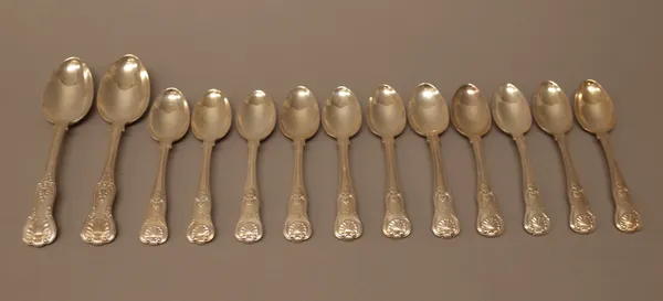 Silver table flatware, comprising; eleven Victorian King's pattern teaspoons, London 1846 and two Victorian King's pattern dessert spoons, London 1849