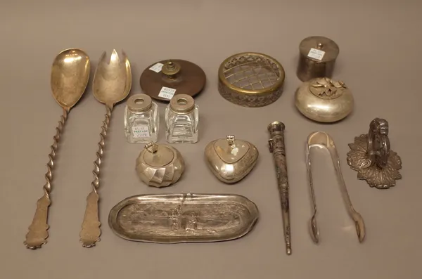 Silver, foreign and plated wares, comprising; a circular bowl and cover, a lid, a flower vase grille, a pair of sugar tongs, an entree dish handle, fi