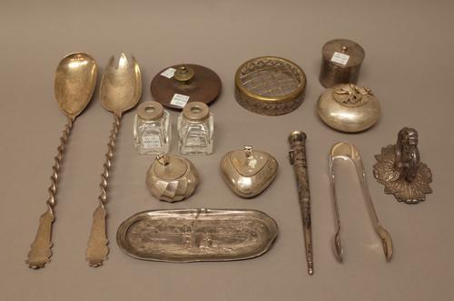 Silver, foreign and plated wares, comprising; a circular bowl and cover, a lid, a flower vase grille, a pair of sugar tongs, an entree dish handle, fi