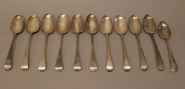 Silver Old English pattern table flatware, comprising; five bottom marked table spoons, monogram engraved, the hallmarks indistinct, three bottom mark