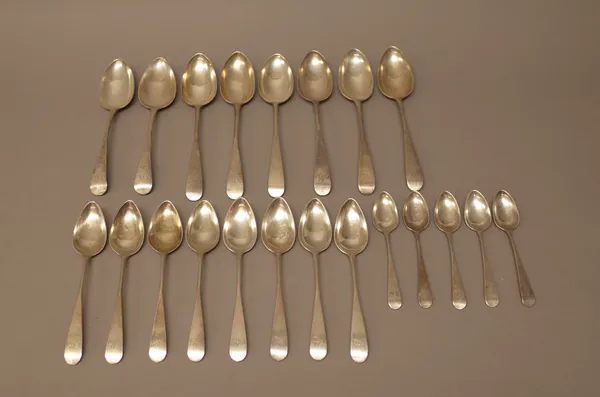 Silver Old English pattern table flatware, comprising; six Scottish table spoons, Edinburgh 1797, a pair of table spoons, London 1792, eight Scottish