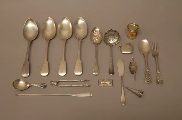 Silver, foreign and plated wares comprising a model of an oar, Birmingham 1959, a vesta case, Chester 1909, a Victorian silver gilt mounted cork, Lond