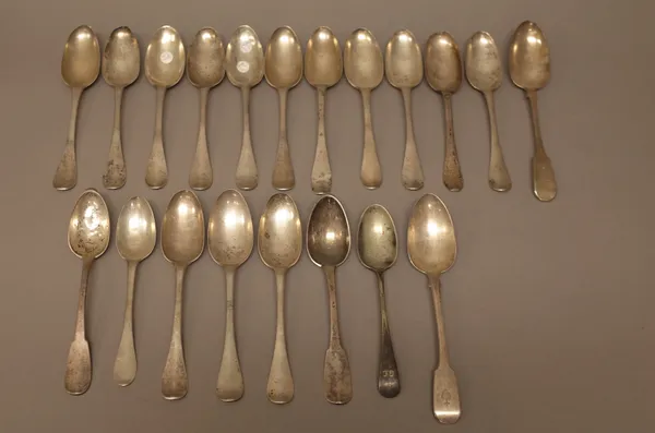 A silver fiddle pattern tablespoon, London 1827, eighteen foreign spoons and one plated spoon, (20). 1895