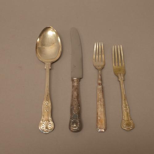 A large quantity of plated table flatware including a part service comprising six tablespoons, two dessert spoons, two table forks, eight table knives