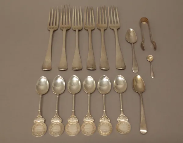 Silver flatware comprising six Old English pattern table forks, various dates, six Agricultural Society trophy spoons presented by the Essex Pig Socie