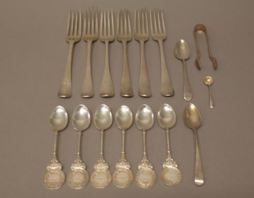 Silver flatware comprising six Old English pattern table forks, various dates, six Agricultural Society trophy spoons presented by the Essex Pig Socie