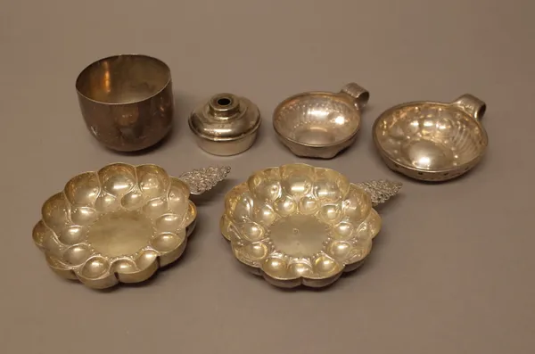 Mostly European wares, comprising two French tasse de vins, two similar shaped circular wine tasting dishes, probably Eastern European and two further