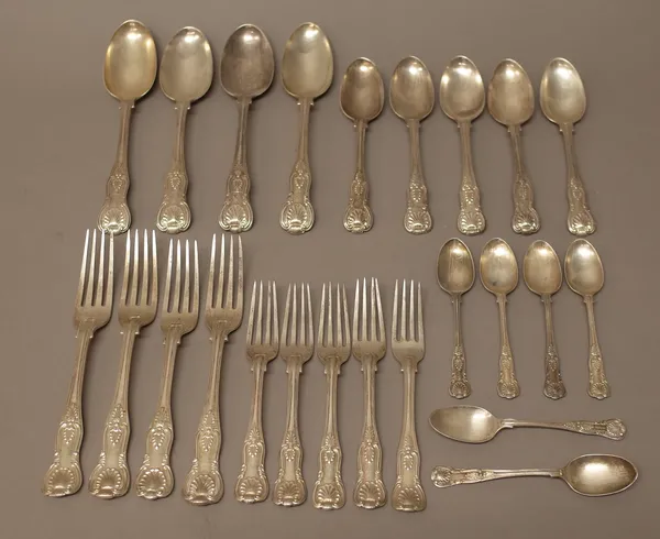 Silver Kings pattern table flatware, comprising; four table spoons, five dessert spoons, six teaspoons, four table forks and five dessert forks, mixed