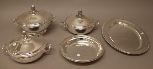 A group of French plated wares by Christofle, comprising; one larger and a two smaller lidded twin handled vegetable dishes and covers, diameter of la