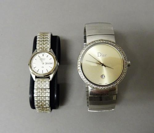 A Christian Dior steel and colourless paste set dress wristwatch, the signed textured dial with a date of the month aperture and with plain hands, the