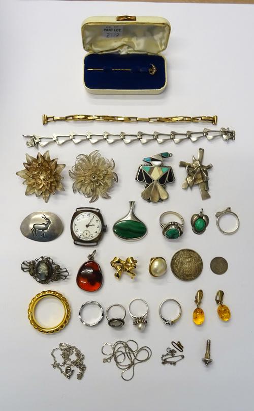 A white gold, cultured pearl and ruby cluster ring, five further rings, five brooches, a bracelet, a silver cased wristwatch, a gilt metal Hermes scar