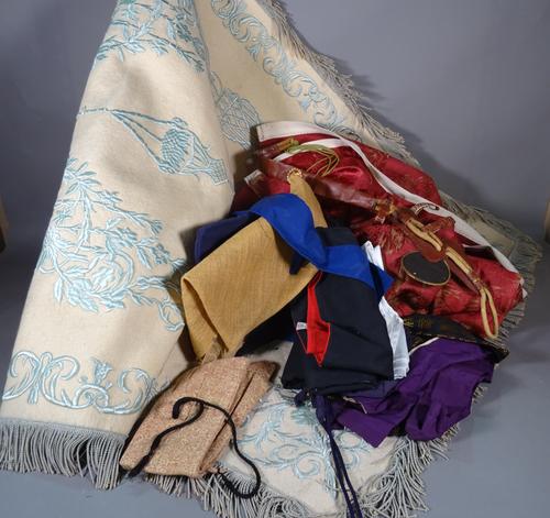 Textiles including; a beige felt rug, a damask panel and further sundry items, (qty).   BAY 11710, 1579, 1565, 198