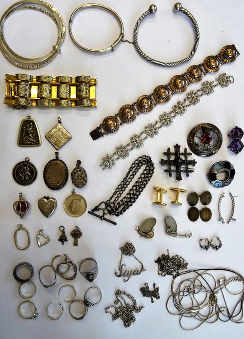 Silver and other jewellery, comprising; four brooches, two pairs of earrings, three pairs of cufflinks, a watch Albert chain, ten rings, three bracele