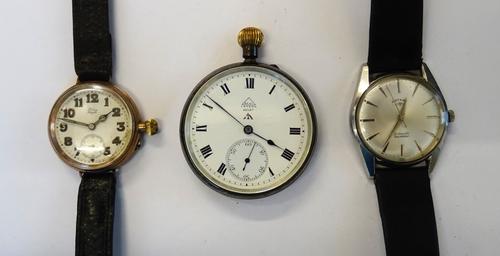 A 9ct gold circular cased wristwatch, the gilt jewelled screw-down movement detailed S & Co Swiss, the enamelled dial with Arabic numerals and subsidi