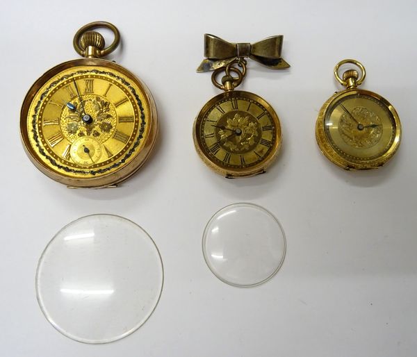 A lady's 18ct gold cased, keyless wind, openfaced fob watch, with a gilt jewelled cylinder movement, 18ct gold inner case, the case exterior with engr