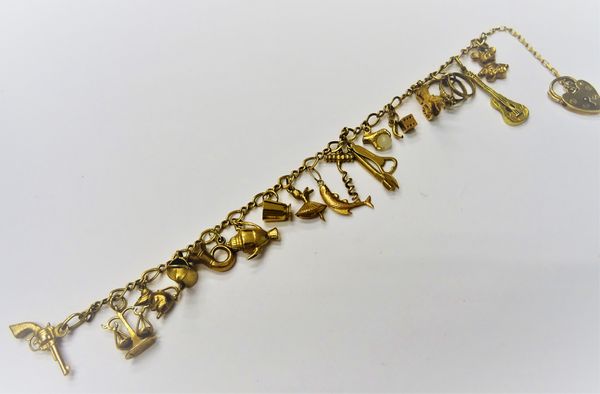 A gold charm bracelet, fitted with sixteen mostly 9ct gold charms, including a fish, a carriage, a coffee pot and a watering can, with a 9ct gold hear