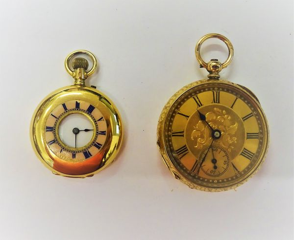 A 15ct gold cased, key wind, openfaced fob watch, the gilt jewelled lever movement detailed N.95746, 15ct gold inner case, the decorated gilt dial wit