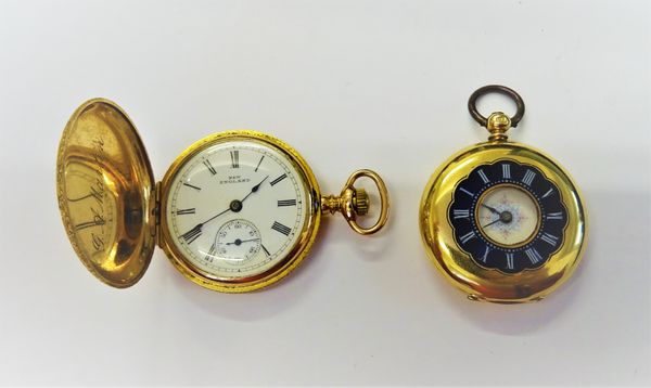 A lady's gold cased, key wind, half hunting cased fob watch, the gilt jewelled movement detailed Baume Geneve C.B., the gold and inner and outer case