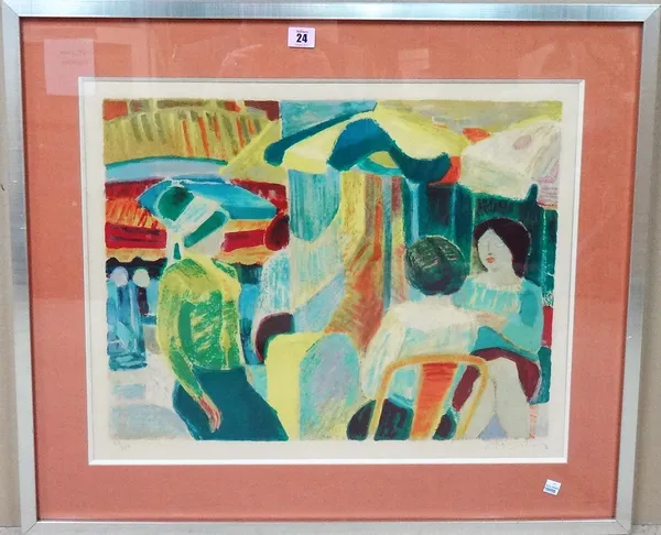 French School (20th century), Street cafe, colour lithograph, indistinctly signed and numbered 27/150, 41cm x 54cm.  M1